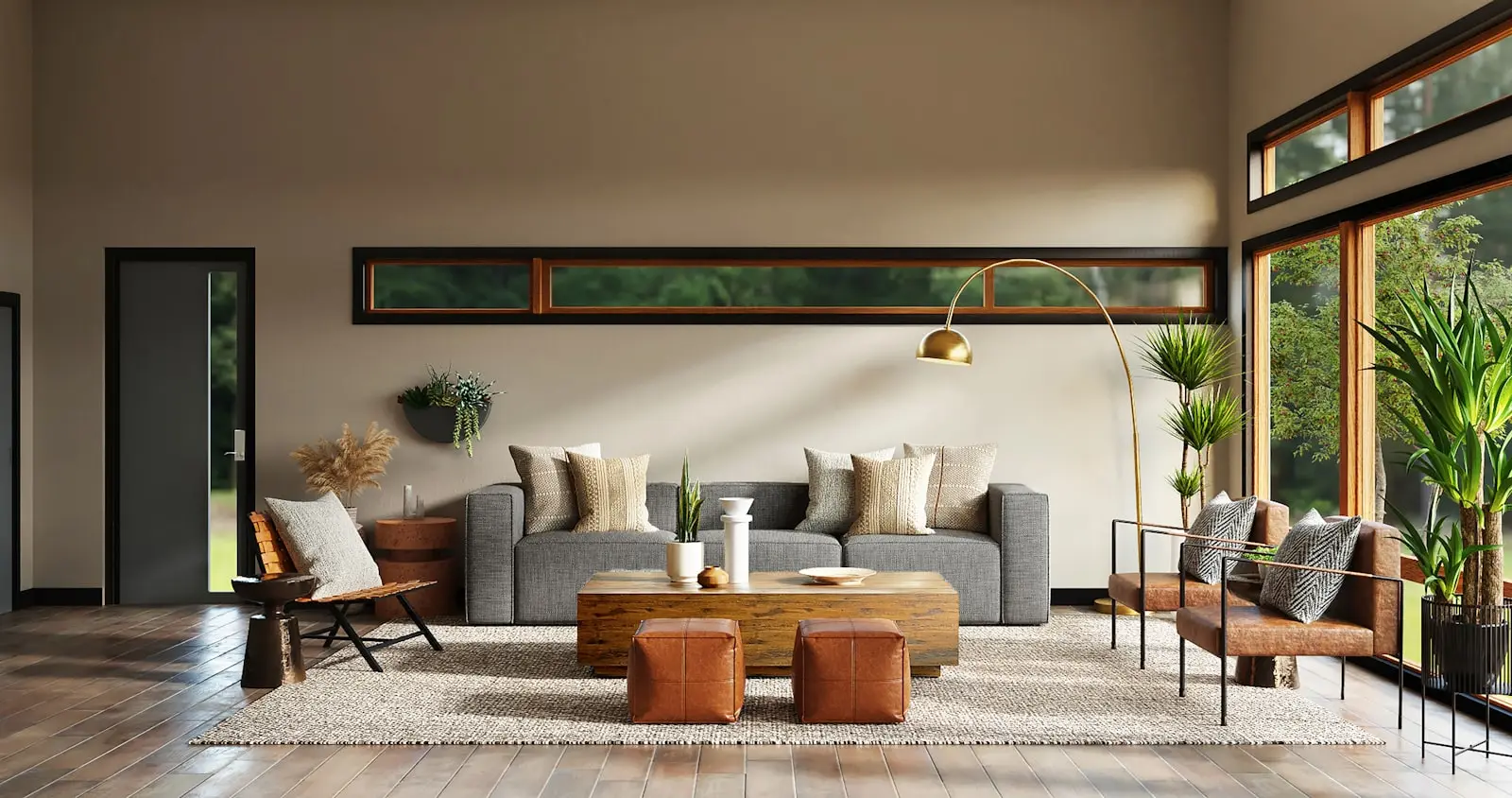 A warm, light-filled living room with timber detailing